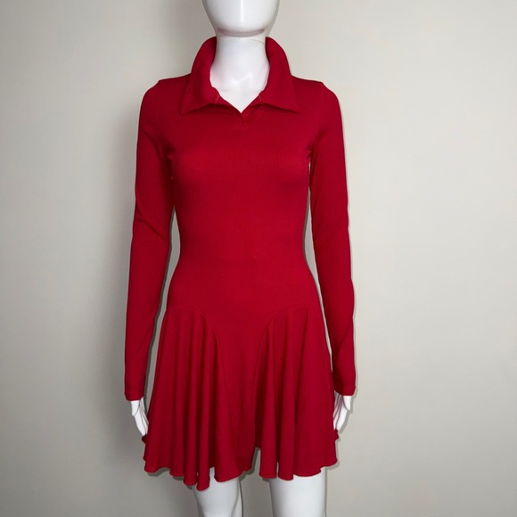 Commense Red Ribbed Knit Mini Dress Long Sleeve Polo Collar Fit and Flare Small - Picture 9 of 17